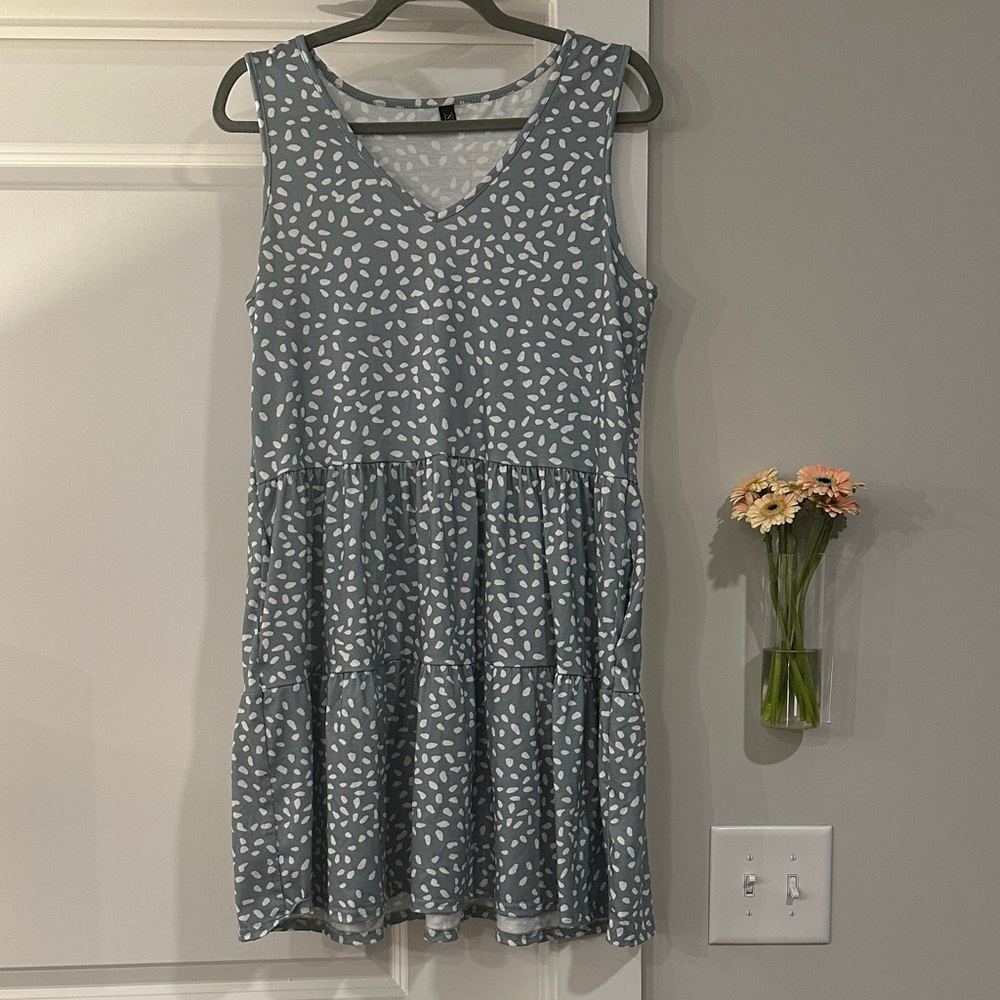 Teal & White Spotted Sleeveless Dress, M